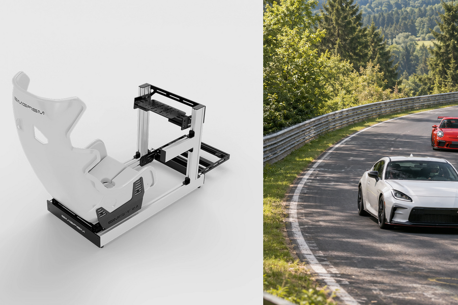 Unchanged white SIMGASM Club cockpit and Atlas GT seat render beside cars on a forest circuit.