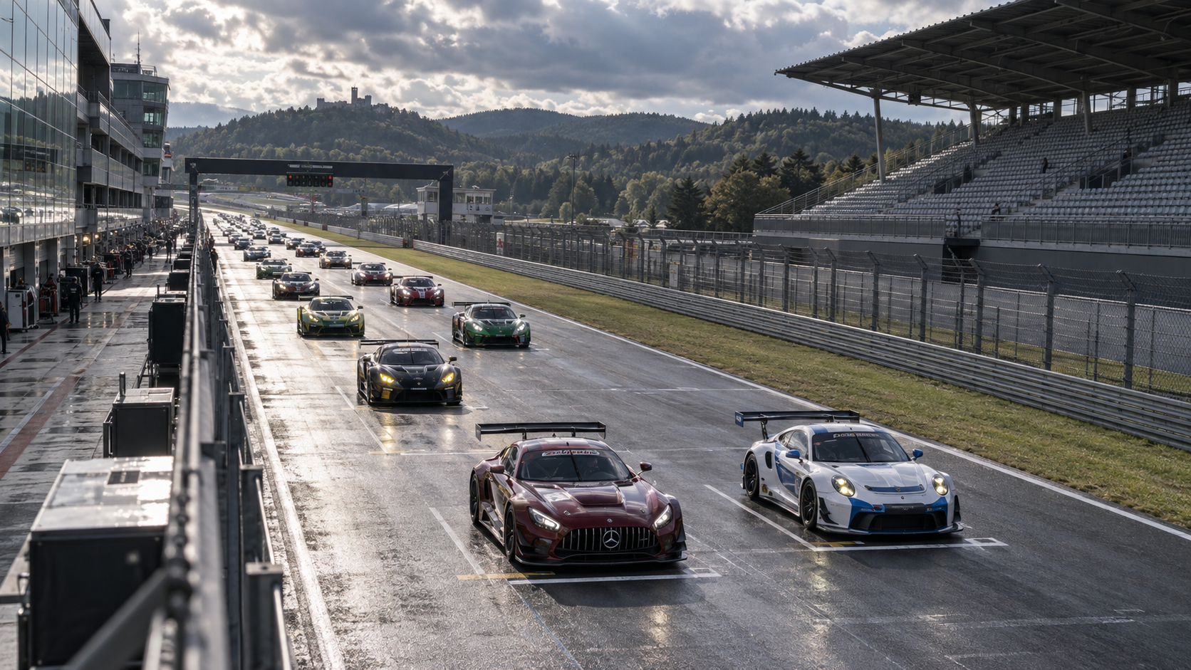 A packed endurance racing grid on a German circuit beneath grandstands and a dramatic cloudy sky.