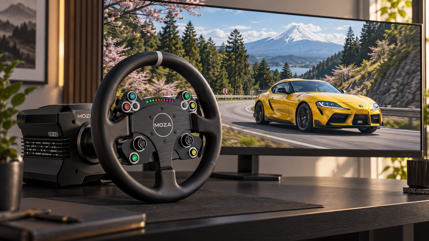 MOZA steering wheel and wheelbase with a yellow sports car on a Japanese mountain road displayed behind.