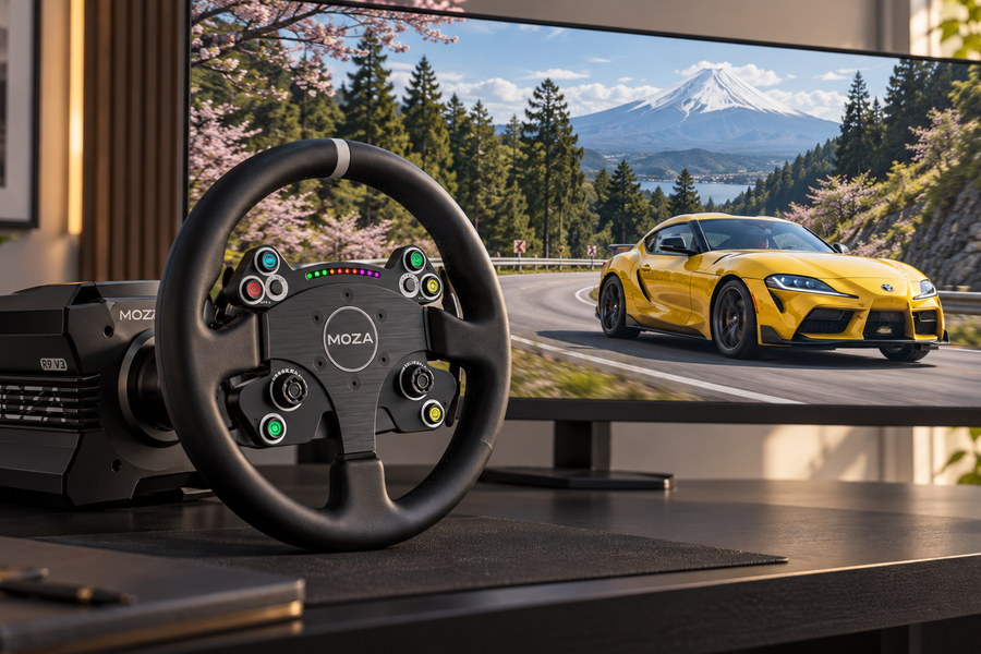 MOZA steering wheel and wheelbase with a yellow sports car on a Japanese mountain road displayed behind.