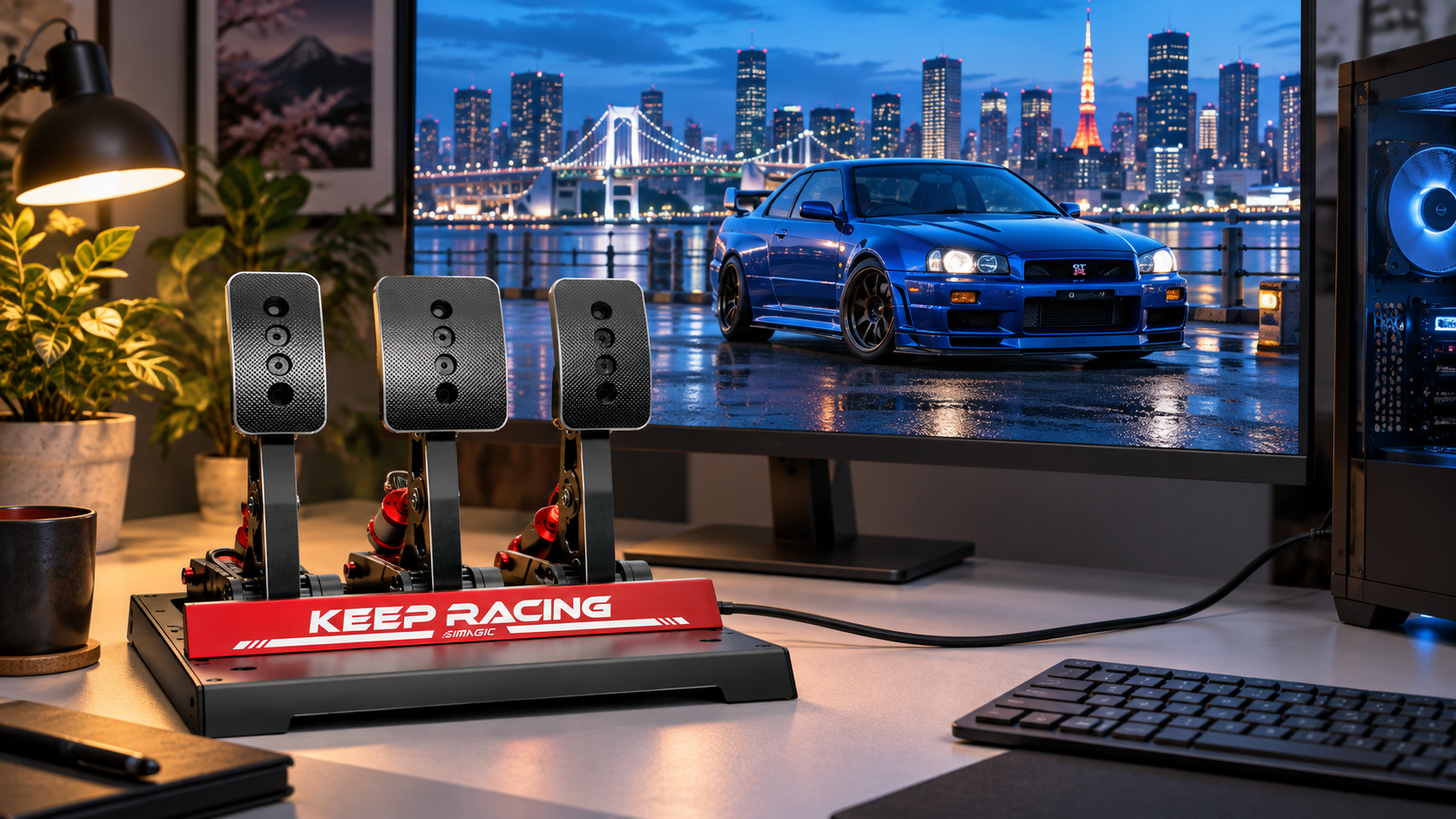 SIMAGIC P1000 pedals on a desk with a blue sports car and Japanese city scene displayed behind.