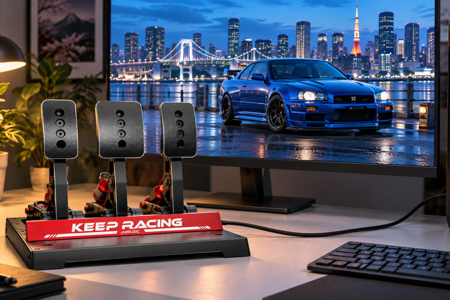 SIMAGIC P1000 pedals on a desk with a blue sports car and Japanese city scene displayed behind.