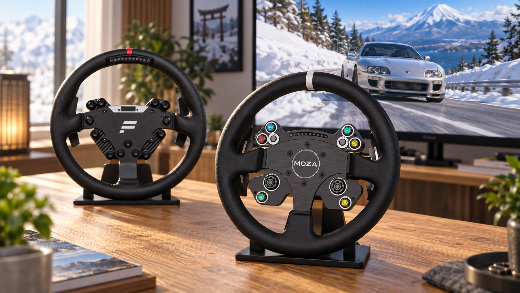 MOZA and Fanatec racing wheels displayed with a sports car on a snowy Japanese mountain road behind.