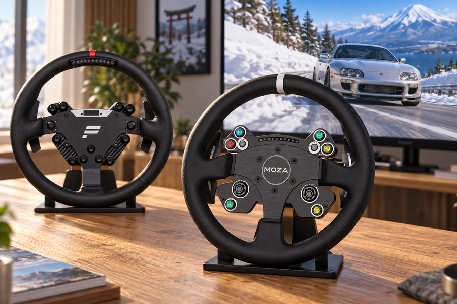 MOZA and Fanatec racing wheels displayed with a sports car on a snowy Japanese mountain road behind.