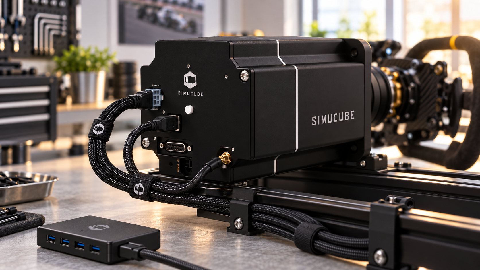 Simucube wheelbase with neatly routed power and USB cables in a bright workshop.