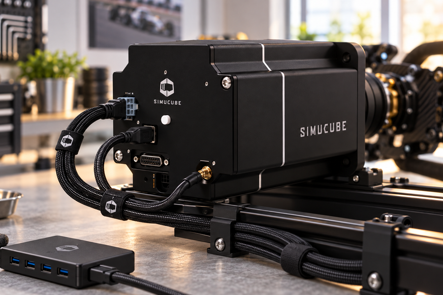 Simucube wheelbase with neatly routed power and USB cables in a bright workshop.