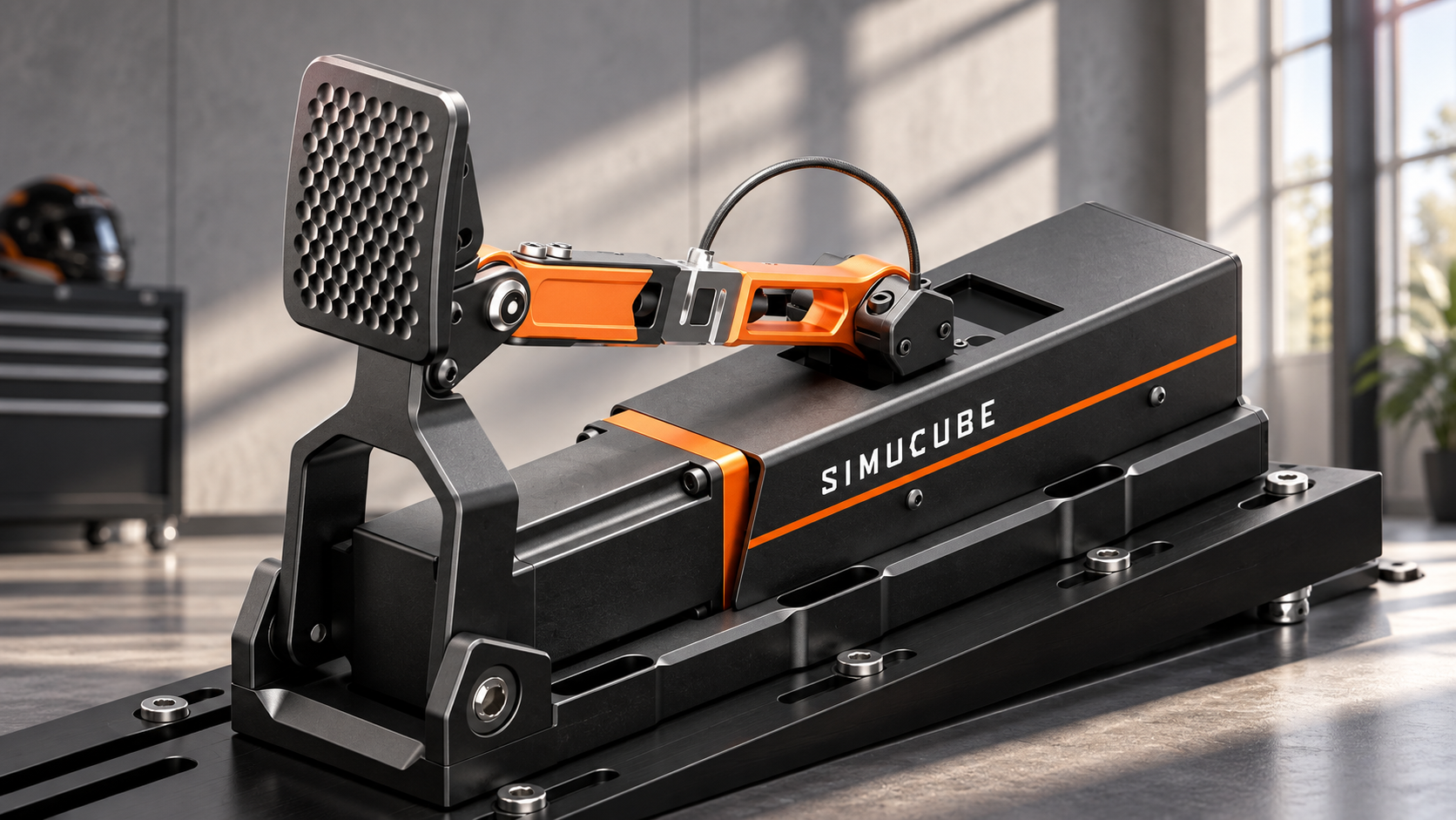 Simucube ActivePedal with its orange linkage securely mounted on an aluminium pedal platform.