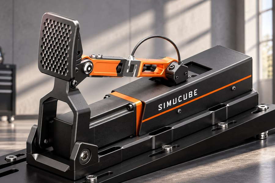 Simucube ActivePedal with its orange linkage securely mounted on an aluminium pedal platform.