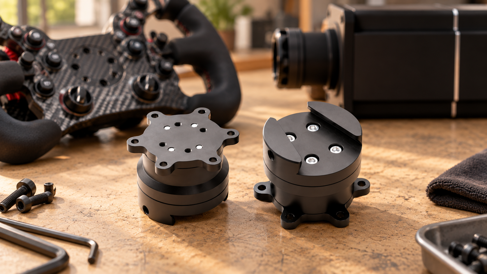 Simucube quick release components on a workbench with a steering wheel behind them.