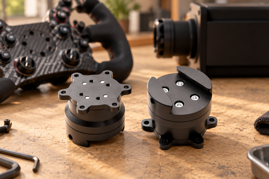 Simucube quick release components on a workbench with a steering wheel behind them.