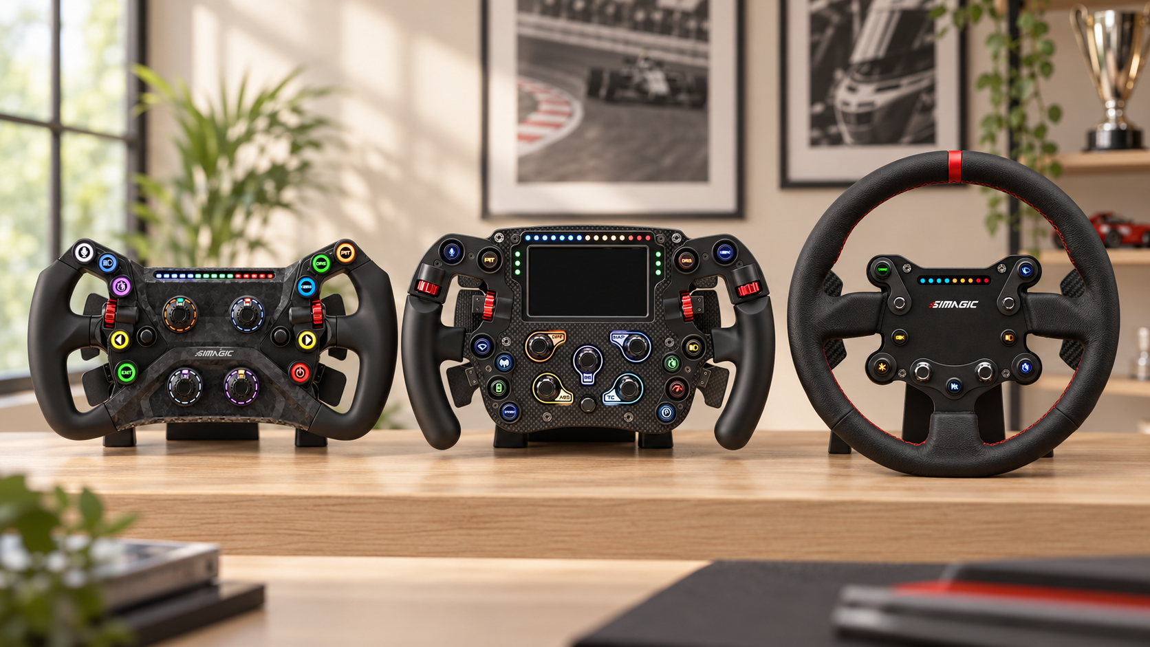 Simagic GT Neo, FX Pro and round GTS steering wheels arranged on a warm oak display shelf.