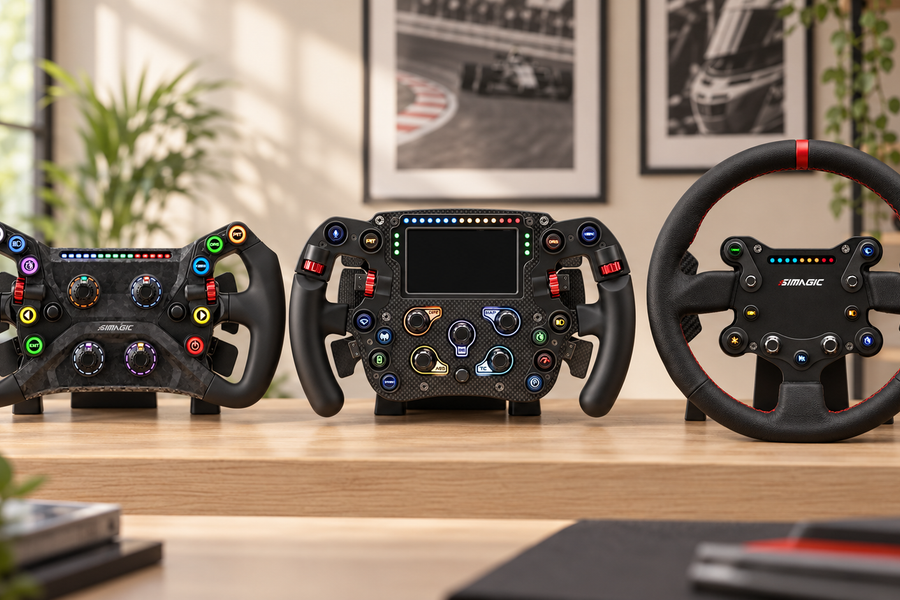 Simagic GT Neo, FX Pro and round GTS steering wheels arranged on a warm oak display shelf.