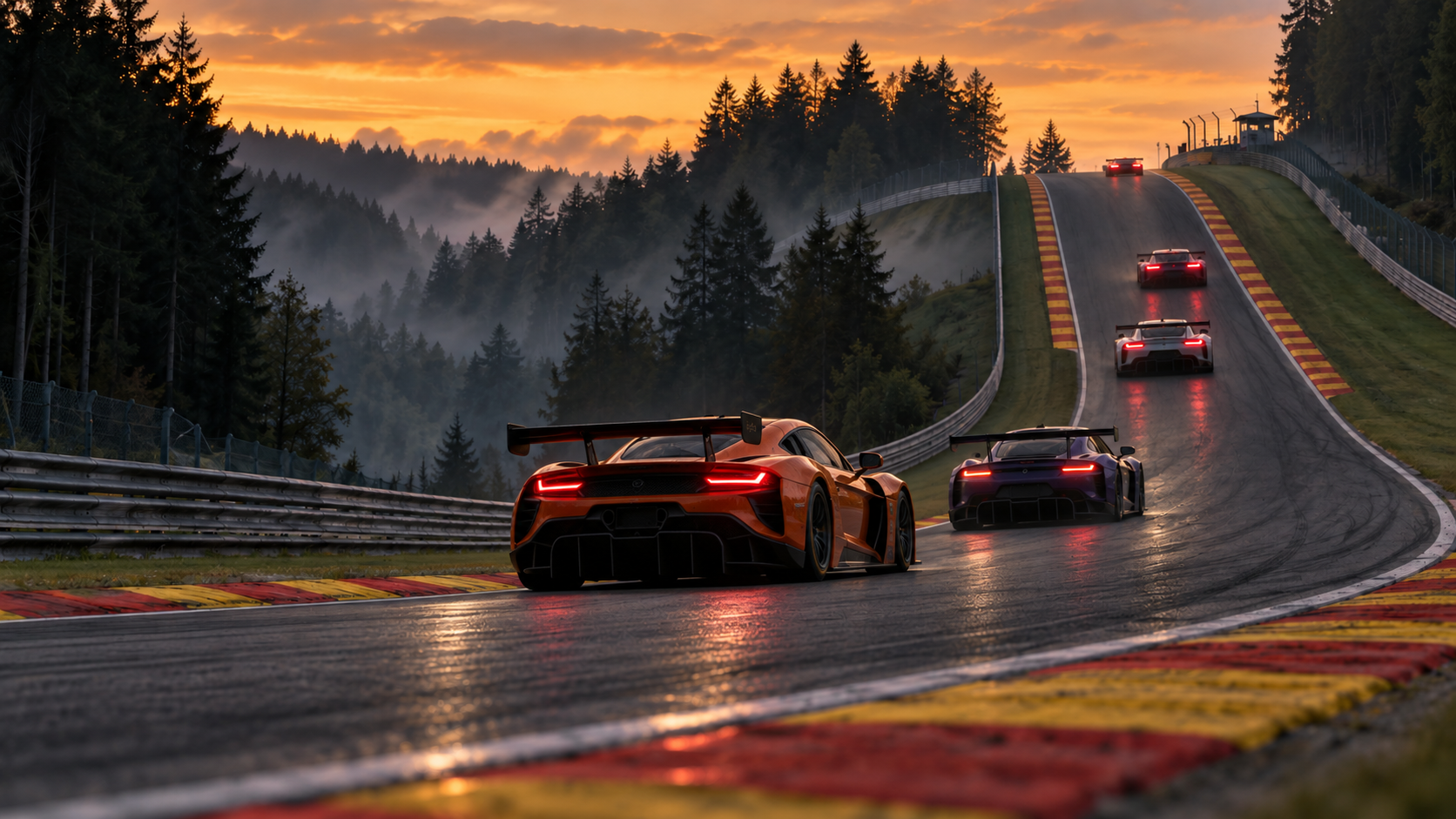 GT endurance cars climbing an Ardennes circuit at sunset.