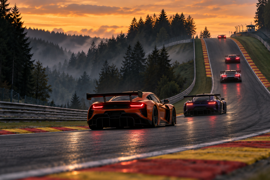 GT endurance cars climbing an Ardennes circuit at sunset.