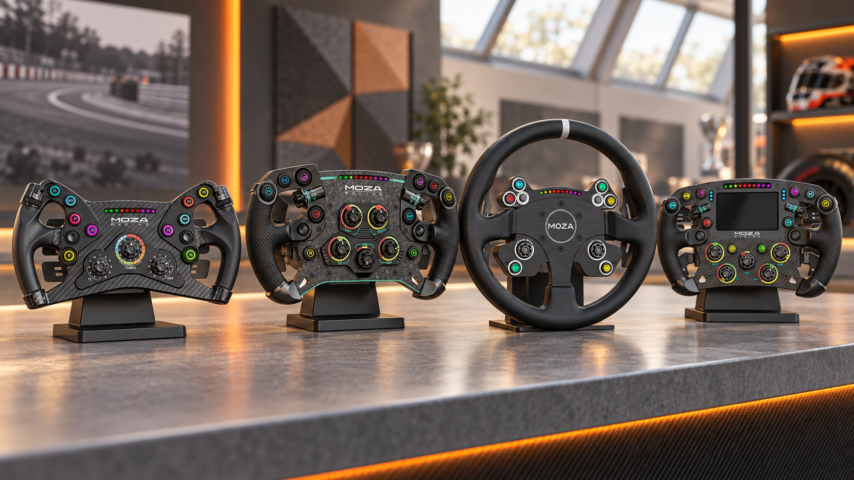 MOZA KS, GS V2P, CS V2P and FSR2 steering wheels displayed in a motorsport showroom