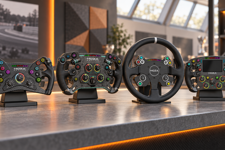 MOZA KS, GS V2P, CS V2P and FSR2 steering wheels displayed in a motorsport showroom