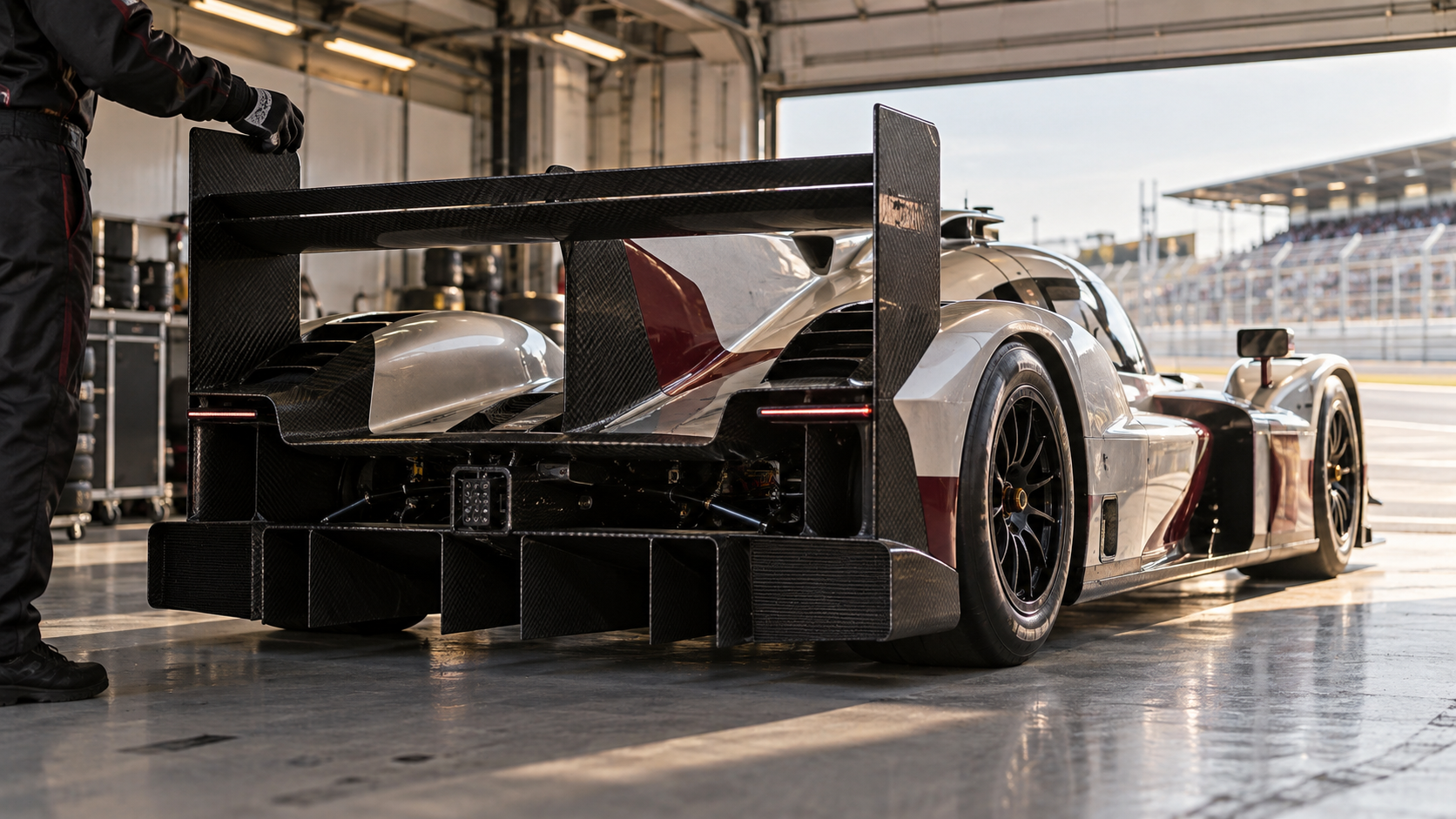 Rear aerodynamic detail of an endurance hypercar in a bright racing garage.
