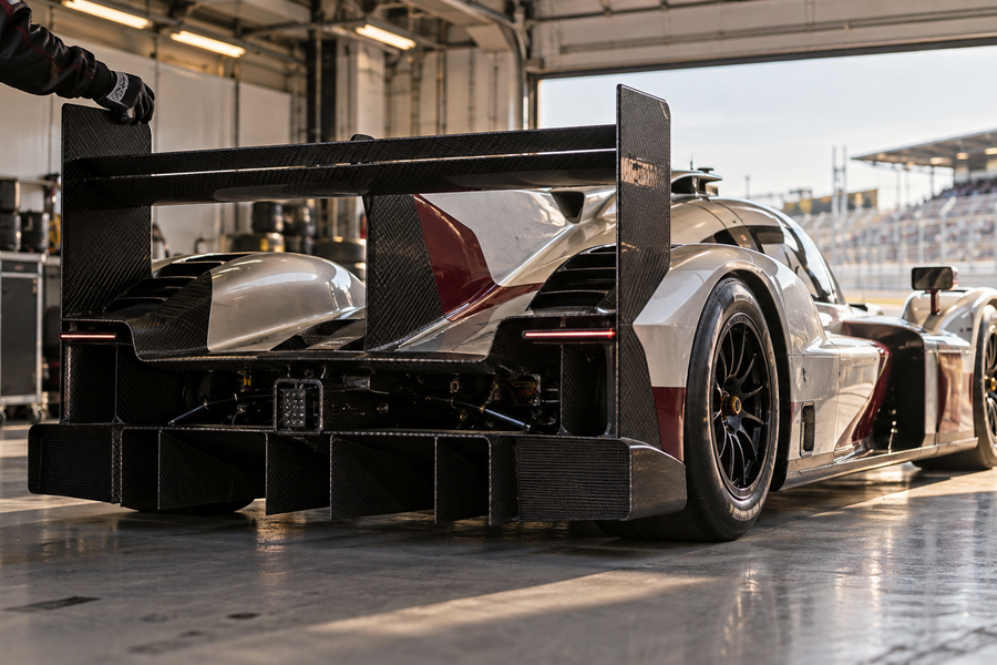 Rear aerodynamic detail of an endurance hypercar in a bright racing garage.