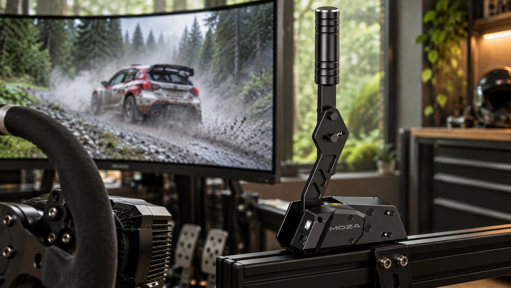 MOZA HBP handbrake beside a simulator display showing a rally car on a forest road