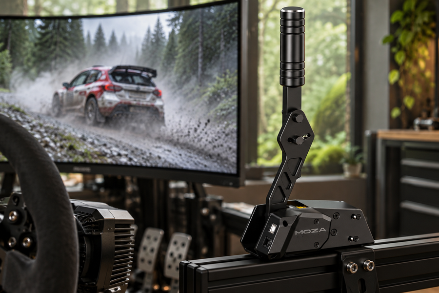 MOZA HBP handbrake beside a simulator display showing a rally car on a forest road