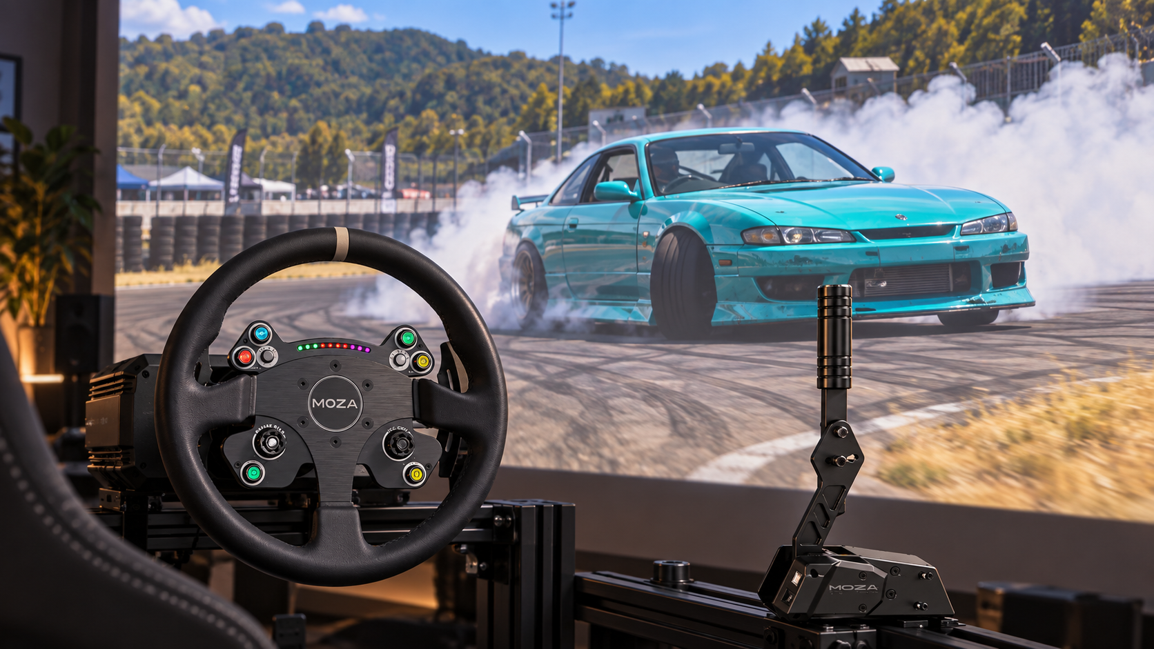 MOZA round steering wheel and handbrake with a turquoise drift car on a Japanese circuit