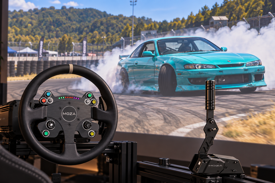 MOZA round steering wheel and handbrake with a turquoise drift car on a Japanese circuit