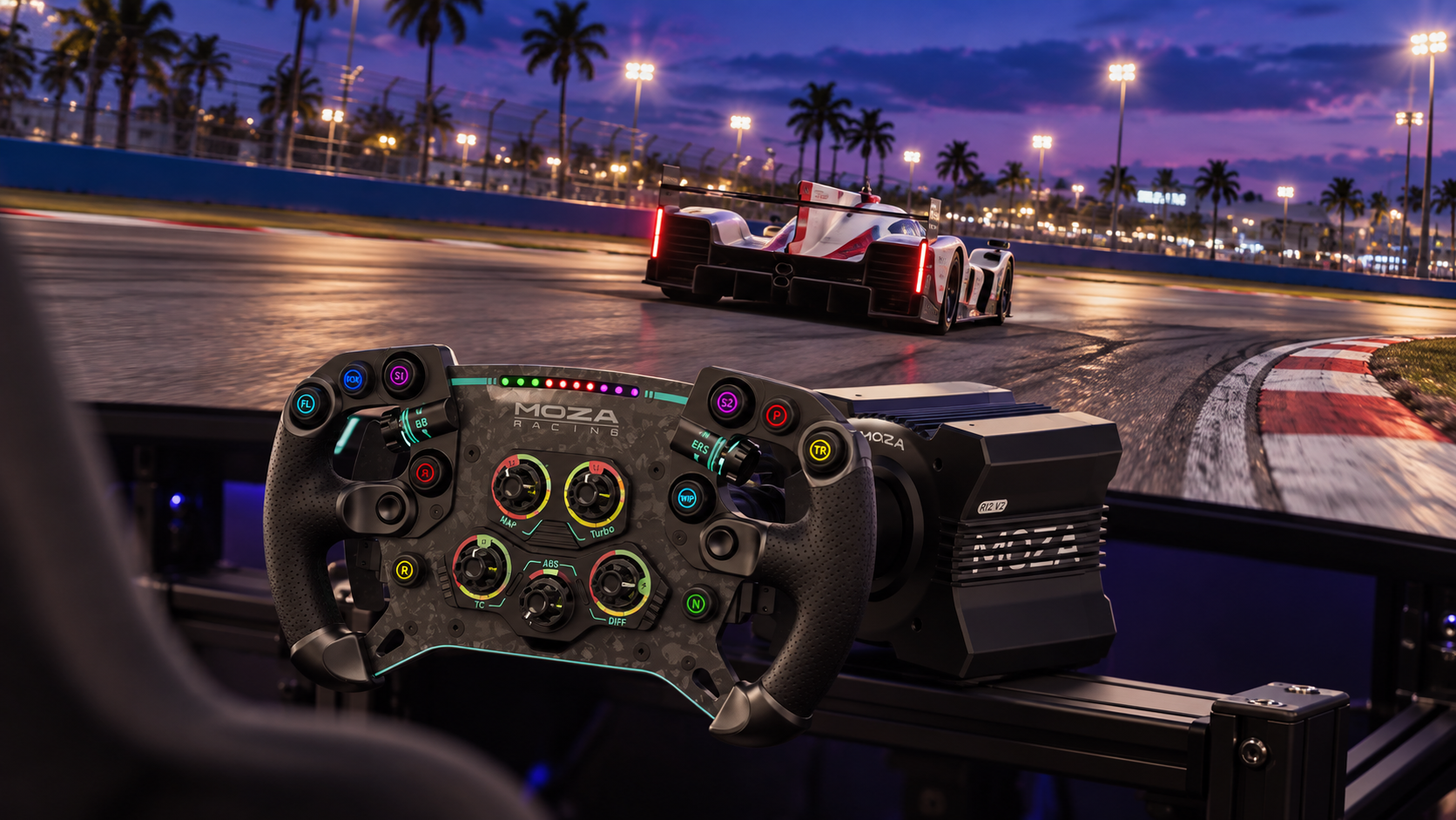 MOZA GT steering wheel and direct drive base with prototype racing on a panoramic screen