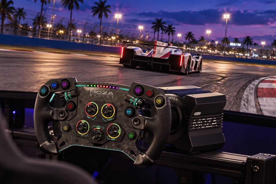 MOZA GT steering wheel and direct drive base with prototype racing on a panoramic screen