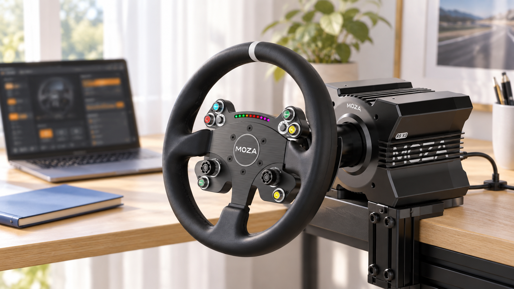 MOZA direct drive wheel beside a laptop in a bright simulator tuning workspace