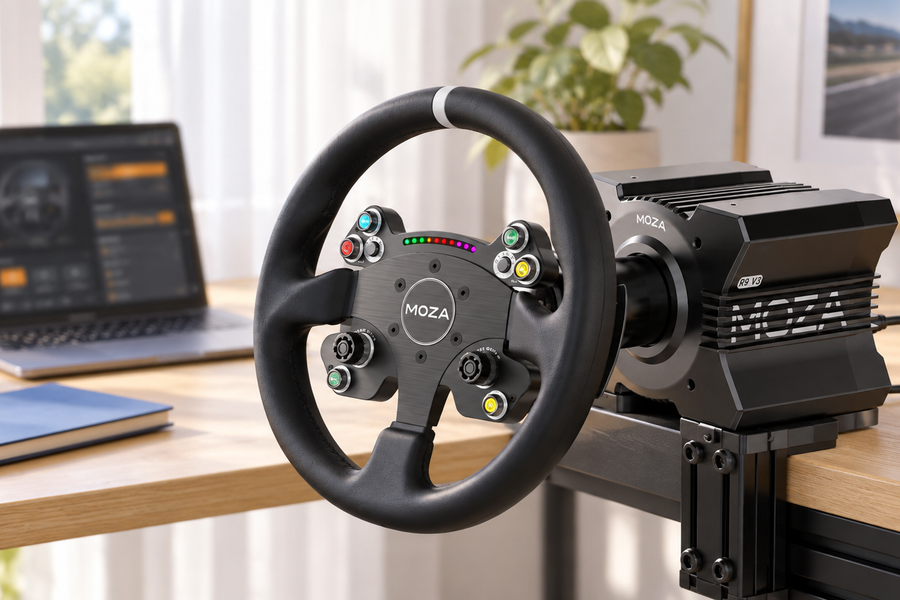 MOZA direct drive wheel beside a laptop in a bright simulator tuning workspace