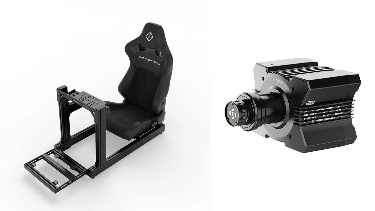 Original black SIMGASM Club cockpit and MOZA R9 V3 wheelbase shown separately