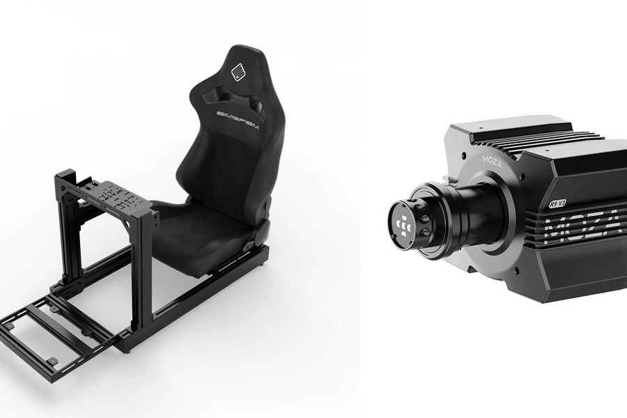 Original black SIMGASM Club cockpit and MOZA R9 V3 wheelbase shown separately