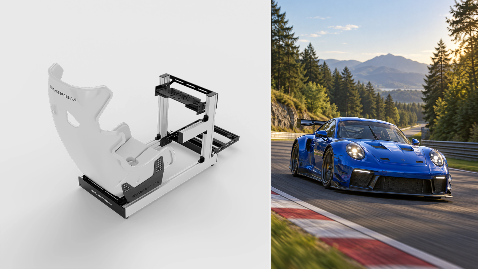Original white SIMGASM Club cockpit beside a blue GT racing car on a forest circuit