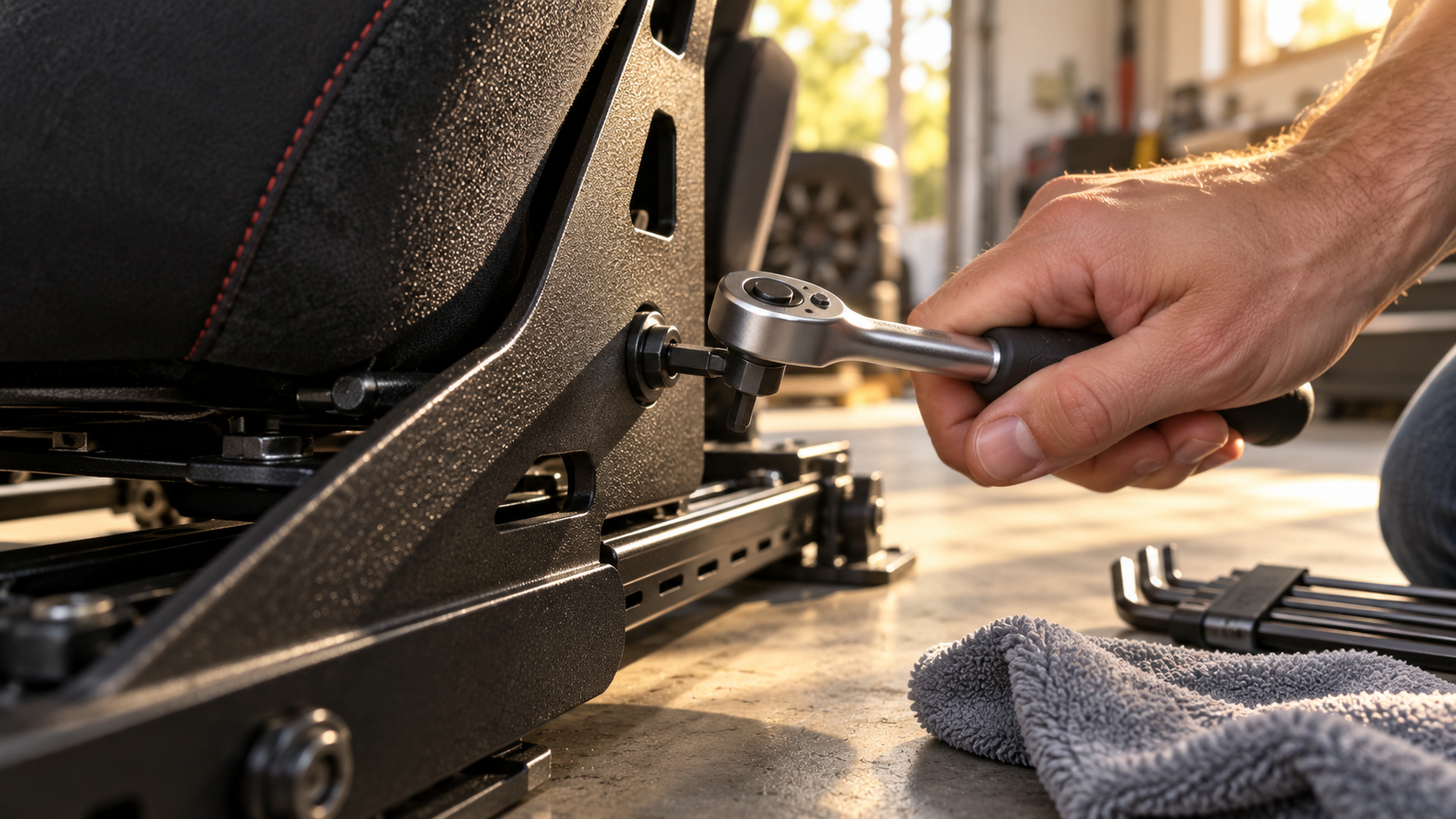 Close-up of a cockpit mounting bolt being checked with a ratchet during sim rig maintenance.