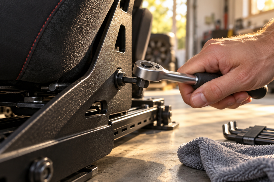 Close-up of a cockpit mounting bolt being checked with a ratchet during sim rig maintenance.