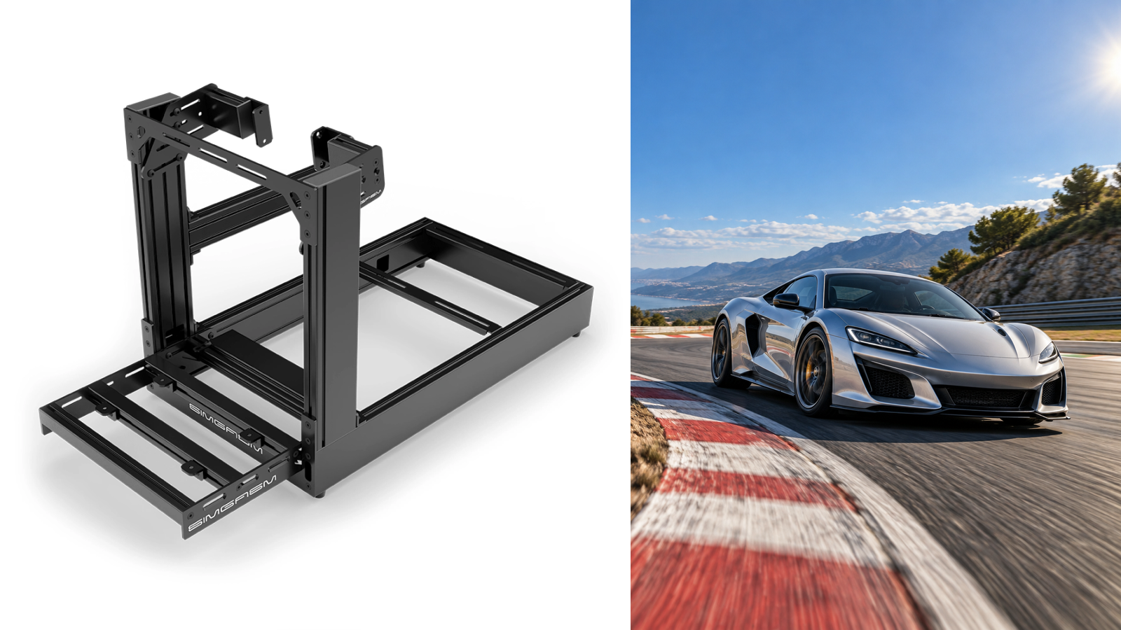 Original SIMGASM Sport chassis image beside an illustrative silver sports car on a race circuit.