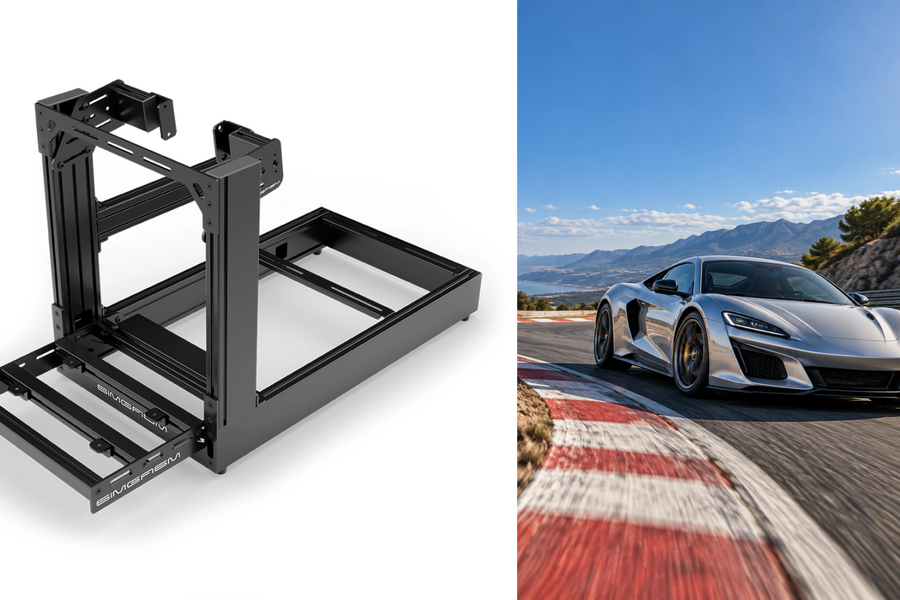 Original SIMGASM Sport chassis image beside an illustrative silver sports car on a race circuit.