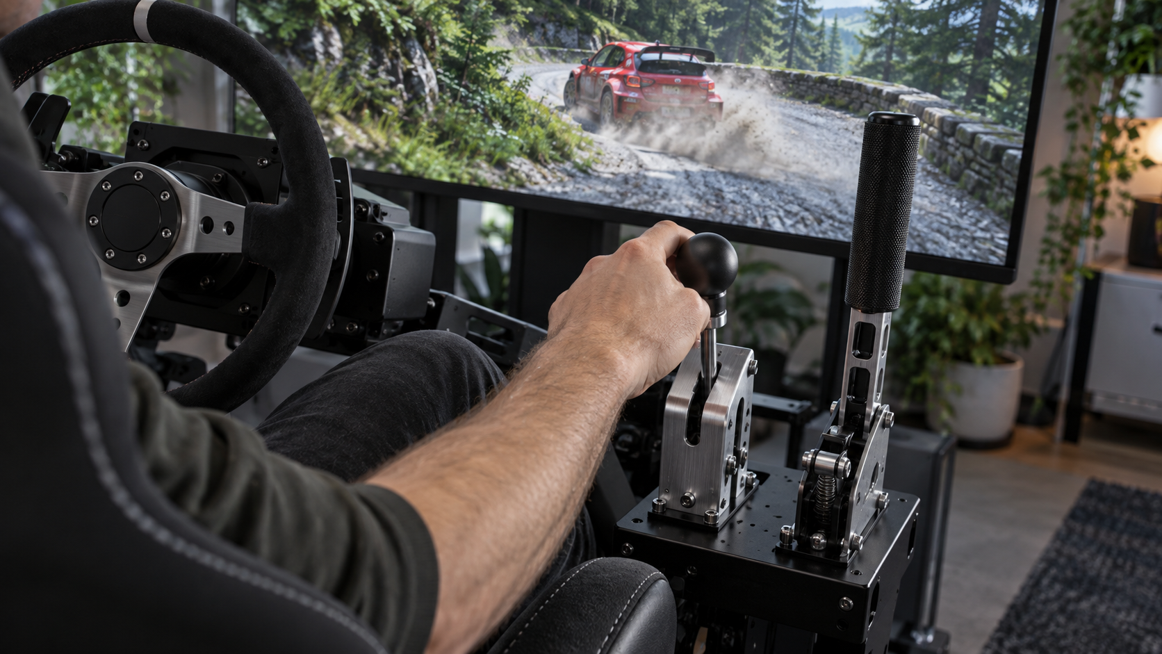 Sequential shifter and upright handbrake placed within reach beside a rally sim racing wheel.