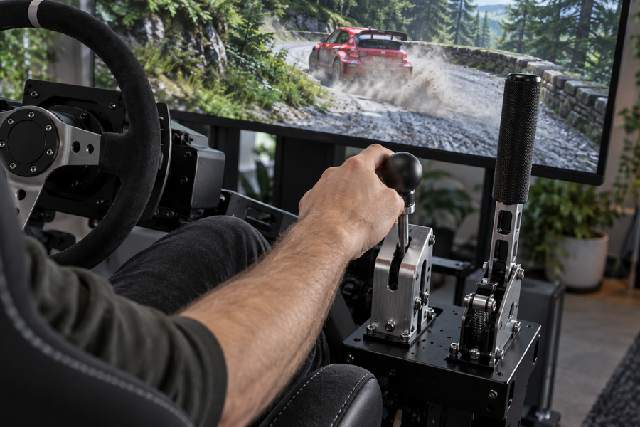 Sequential shifter and upright handbrake placed within reach beside a rally sim racing wheel.