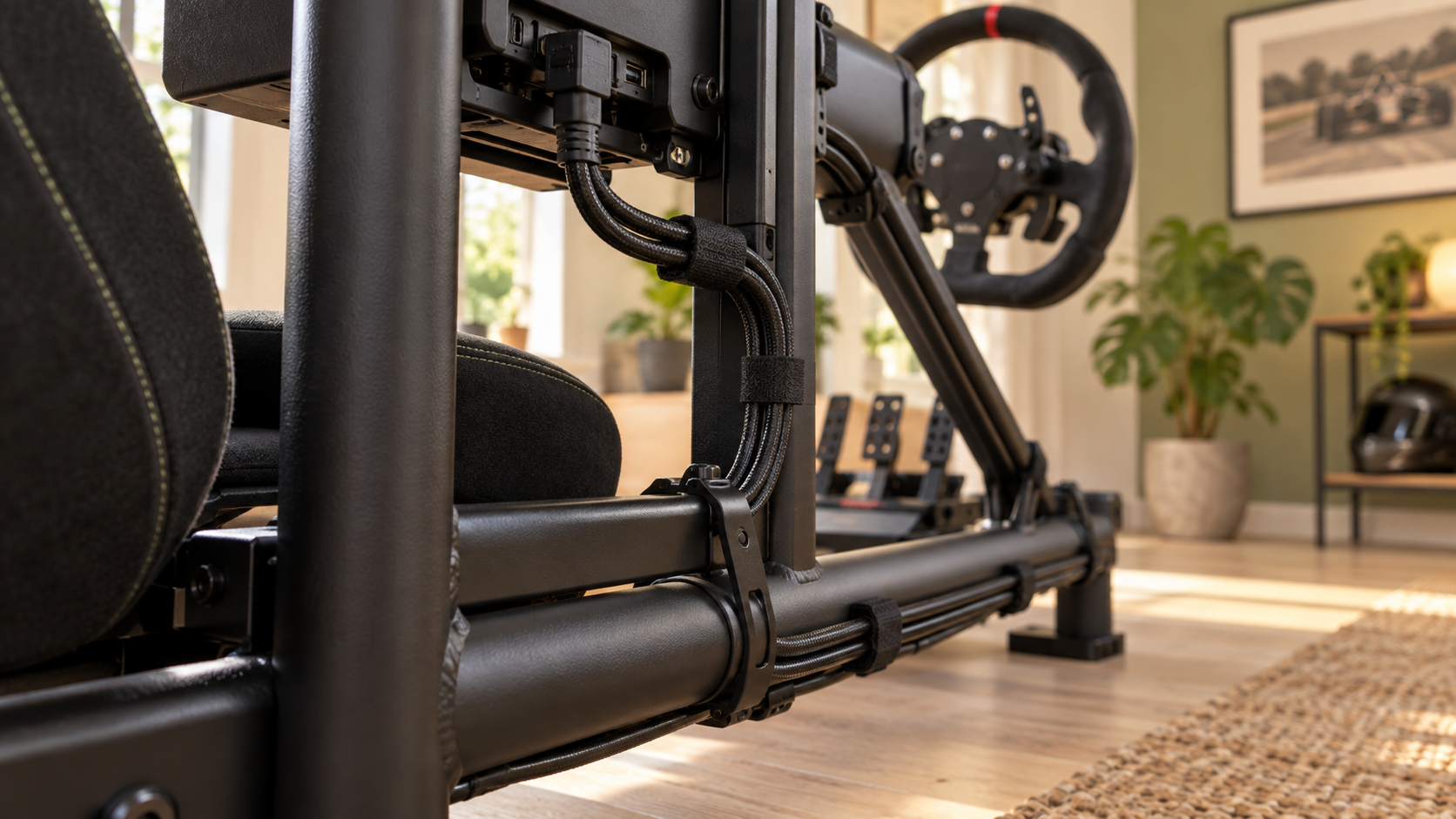 Neatly secured cables and a service loop along a steel sim racing cockpit frame.