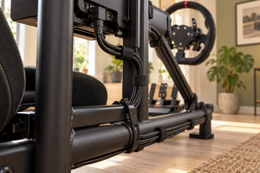 Neatly secured cables and a service loop along a steel sim racing cockpit frame.