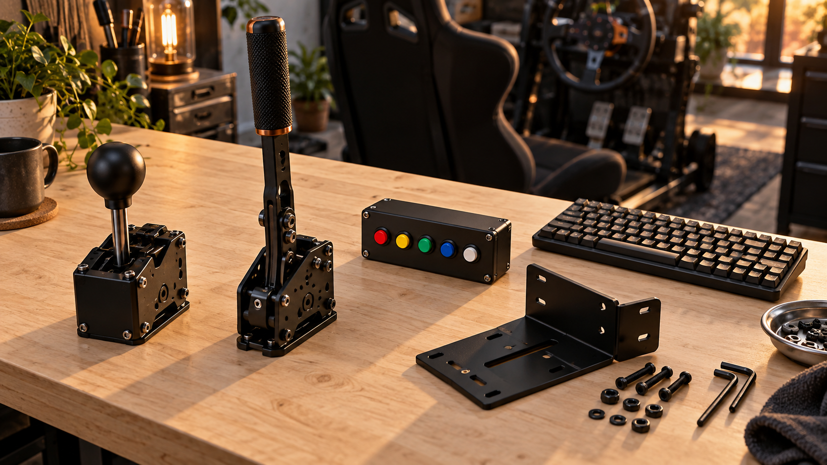 Shifter, handbrake, button box and keyboard laid out while planning sim cockpit accessories.