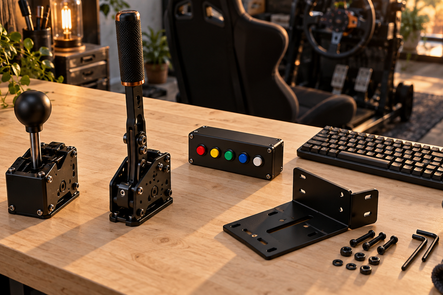Shifter, handbrake, button box and keyboard laid out while planning sim cockpit accessories.