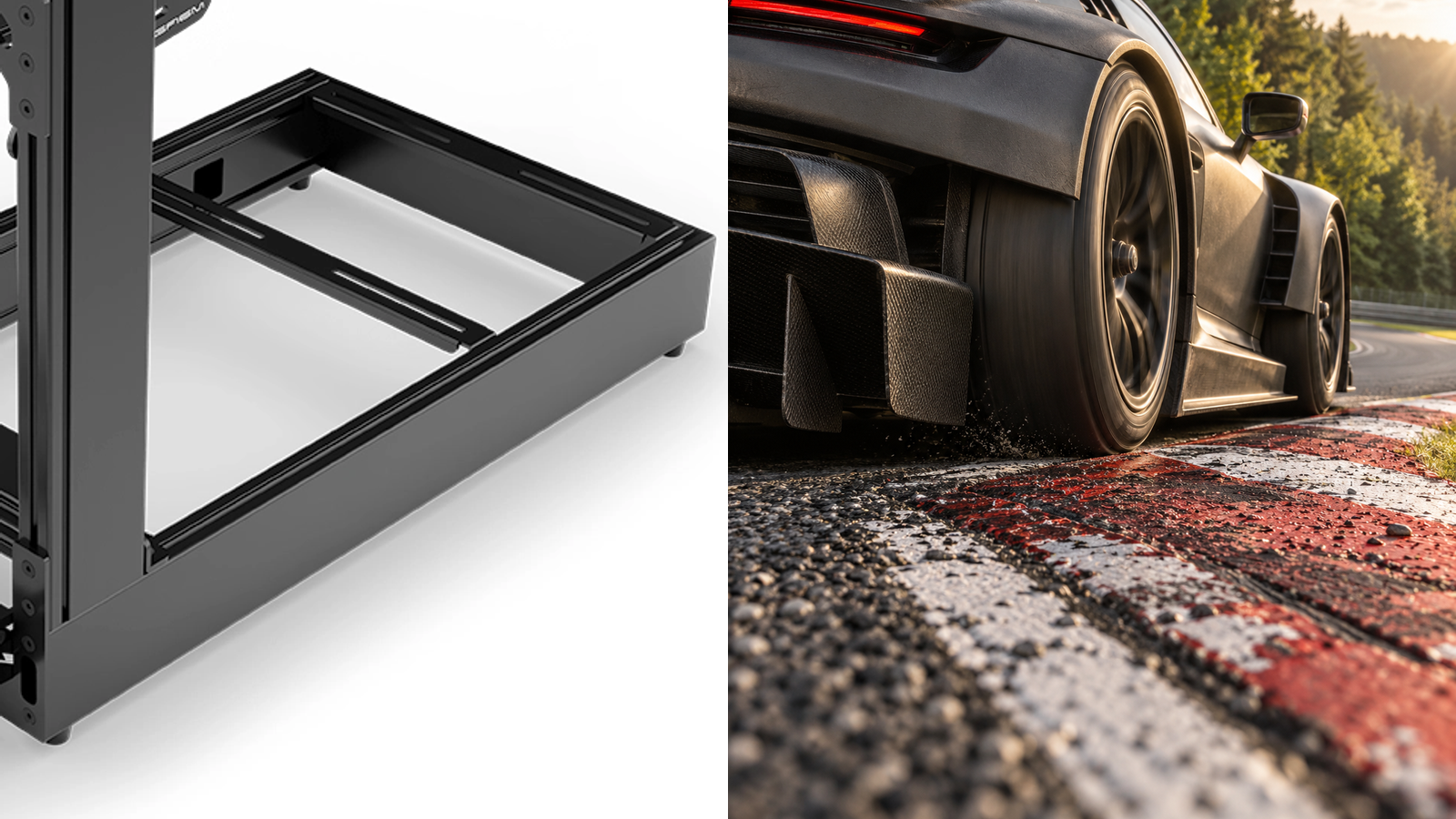 Original close-up of an intact SIMGASM side rail beside an illustrative race-car tire on a curb.