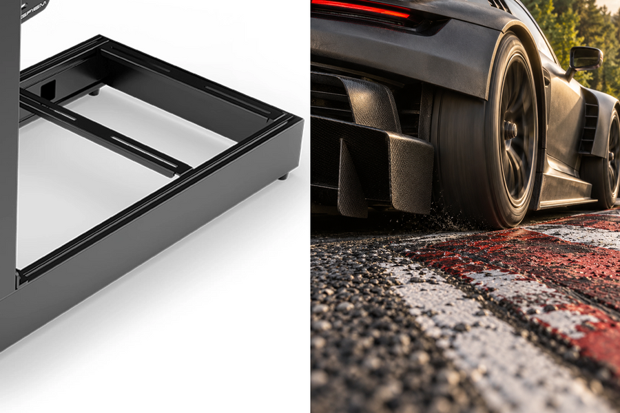 Original close-up of an intact SIMGASM side rail beside an illustrative race-car tire on a curb.