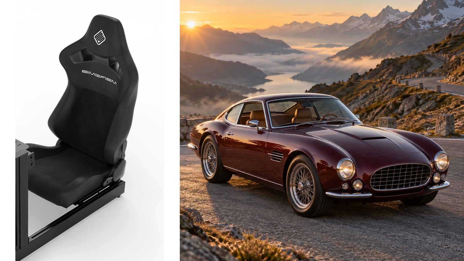 Original SIMGASM Core Recline seat image beside an illustrative grand touring car in the mountains.