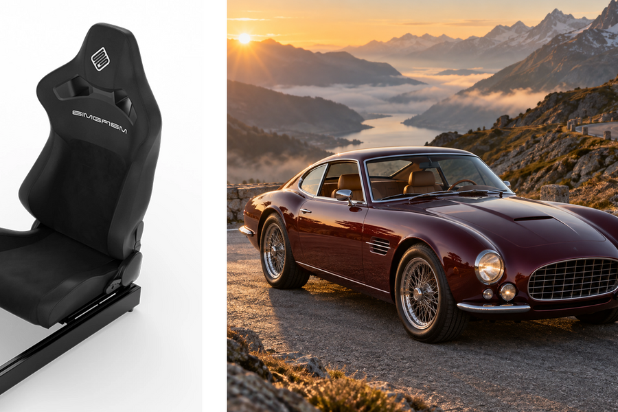 Original SIMGASM Core Recline seat image beside an illustrative grand touring car in the mountains.