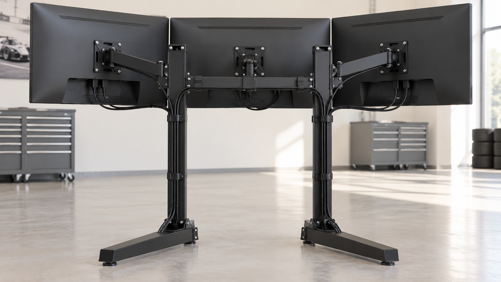 Rear view of three monitors showing VESA brackets and cable routing on a freestanding support.