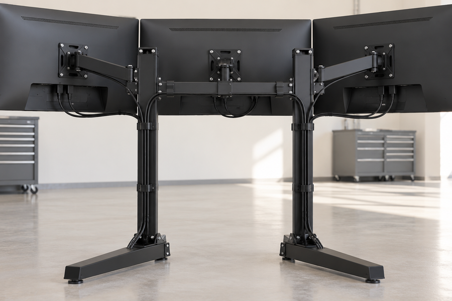 Rear view of three monitors showing VESA brackets and cable routing on a freestanding support.