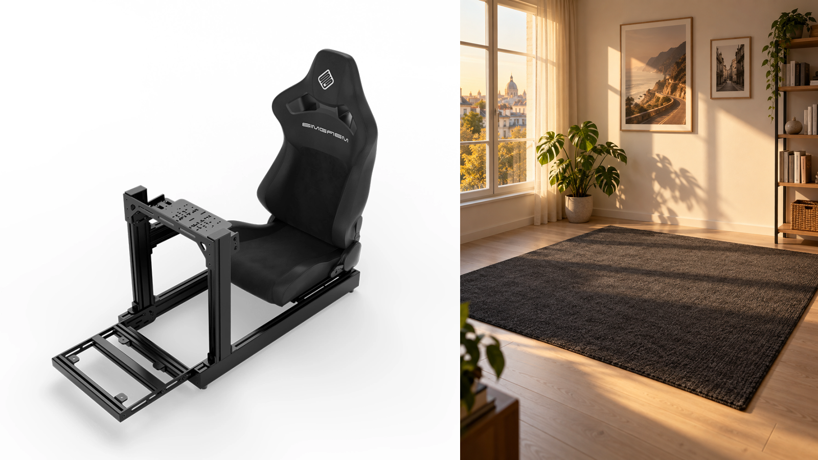 Original SIMGASM Club cockpit image beside an empty home corner illustrating space planning.